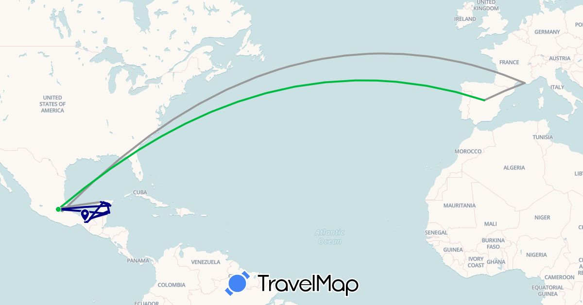 TravelMap itinerary: driving, bus, plane in Spain, France, Mexico (Europe, North America)